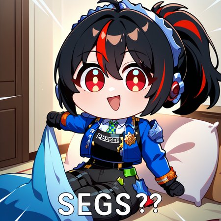 masterpiece, best quality, newest, absurdres, highres, chibi, open mouth, smile, english text, :d, looking at viewer, blanket, pillow, holding,  <lora:SegsMeme_illusXLNoobAI_Incrs_v1-000012:1>, anime coloring, <lora:zzz_zhuyuan_illustriousXL:1>, ponytail, red eyes, police uniform, blue jacket, cropped jacket, open jacket, long sleeves, black gloves, black vest, white shirt, collared shirt, checkered necktie, black pants, tight pants, high-waist pants