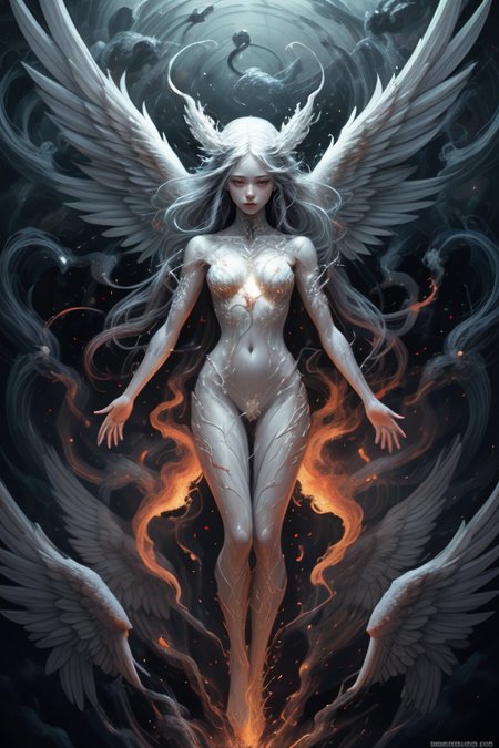 captivating design,spirit female ascend from body,The spirit being's arms are spread out,white body,beaming light on her  body,At the end of each arm,there are flames of fire. Above the fire,there is an outline of an angel with wings,very detail,<lora:Concept_-_Hella-sthetic_v2:0.7>,