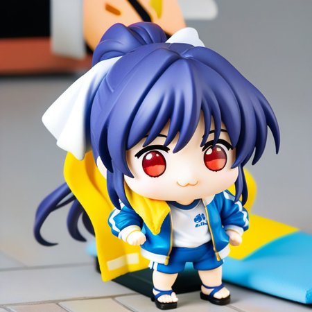 score_9, score_8_up, score_7_up, best quality, source_anime,  1girl, solo, takabe, yellow towel around neck, dark blue track jacket, open clothes, white shirt, tucked in, dark blue track pants, black sandals,  doro, creature, :3, chibi, four legs, solid circle eyes,red eyes, no pupils, smile, park,simple background