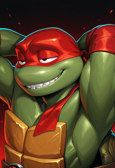 1boy, Raph, Red mask, upper body, looking afar from side, from front, armpit, hands behind head, tmnt, half closed eyes, smiling , broad shoulders, ((bandana mask)), teeth