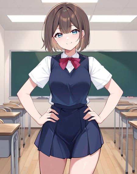 lulu_fg, brown hair, short hair, blue eyes,  white shirt, holding,  school uniform BREAK  indoors, classroom BREAK looking at viewer, sexy face, happy, closed mouth, smile, cowboy shot, hands on hips, proud look BREAK score_9, score_8_up, score_7_up, source_anime ,zPDXL, perfect hand,  <lora:Lulu:0.8>
