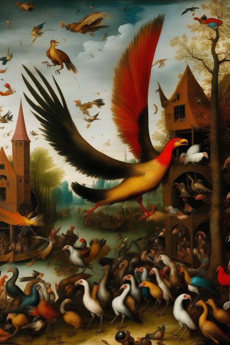 <lora:Jan Brueghel Style:1>Jan Brueghel Style - big colorful mythological simurg bird flying frim ankara to Amsterdam rijks museum to bring a beautiful painting Bruegel style