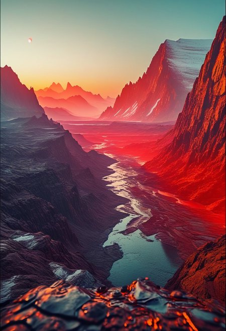 ()Hyoer Realistic:2.0)Polaroid picture 
 (Cyberpunk future theme:1.97) Photorealistic image of the view from the tallest mountain on Mars, Olympus Mons, at sunrise. Realistic, high-resolution, 8K, cinematic, epic, detailed, intricate, hyper-realistic. Incorporate a vast, barren Martian landscape with towering mountains, deep valleys, and a distant horizon. The sky should be a deep shade of crimson, with a subtle gradient of orange and pink hues. Use a high-angle shot to emphasize the grandeur of the mountain. Canon EOS R3, f/5.6 aperture, 1/125 second shutter speed, ISO 100.