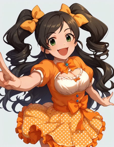 score_9, score_8_up,score_7_up,1girl,solo,cowboy shot,looking at viewer,smile,open mouth,happy,
<lora:nonomurasora_ponyXLV6:0.8>,cgns,black hair,long hair,twintails,green eyes,
orange hair bow,
cleavage cutout,orange polka dot skirt