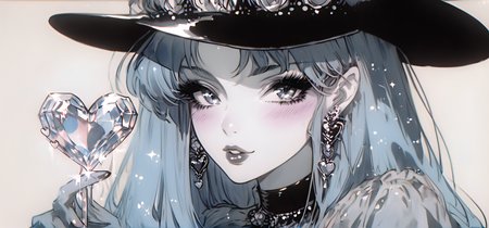 score_9, score_8_up, score_7_up,
girl, wearing a hat, Black_hat, black_long_dress, big_heart, black_dress, glass heart, glitter, (monochrome:0.2), pindesign, outline, close up shot, qxys