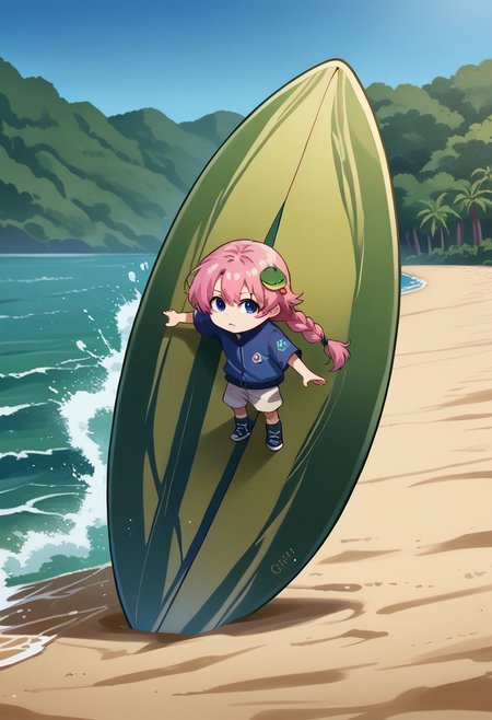 score_9, score_8_up, source_anime, Watamelon, no humans, creature, chibi, watermelon, all foursl, looking at another, incrssurfing, surfing, surfboard, <lora:Surfing_XLPD:0.9>, emmacs3, hair ornament, <lora:emma-rebake3:0.9>, blue eyes, long hair, braided ponytail, pink hair,<lora:ChamWatamelonPonyXL:1>, upper body