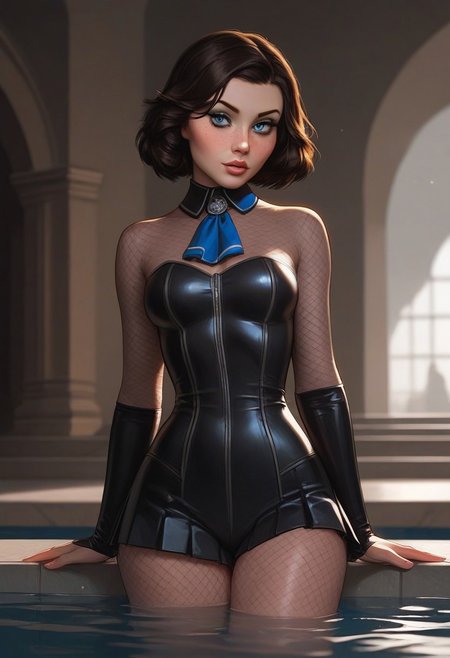 masterpiece,best quality, highly detailed, score_9, score_8_up, score_7_up, score_6_up, score_5_up, score_4_up, Expressiveh, Elizabeth from Bioshock Infinite, 18 year old girl, white blouse with blue fabric kerchief tie, long navy blue pleated skirt,  pretty face, sexy hips, detailed hips, seductive hips, detailed face, sharp eyes,  black fishnet bodysuit     highly detailed, couture, petite, slender body, slim legs, perky round breasts, thick pouty lips, ((freckles)), black fishnet bodysuit, partial underwater view, leaning on the side of a pool, girl in water, elbows in pool edge