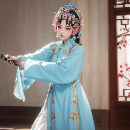 (8k, best quality, masterpiece:1.2),(best quality:1.0),ultra highres:1.0, 1girl, red huadan, extremely detailed, render, 4k, absurdres, HDR, dancing, fighting stance, holding sword, close-up,  <lora:ChineseOperaCostumes_v15:0.7>