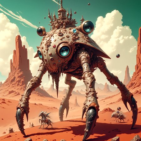 highly detailed, intricate, detailed background, famous artwork inspired by (bioshock:1.2) and (journey to the savage planet:1.1) and (john constable:1.4), cinematic film still, the "rocky dinglerankle" is a fearsome desert dweller of planet "vaderheim viii", camouflaged amidst the amber dunes we see it surveying the surroundings with its intricate vorbing multifaceted eyes from atop a colorful indorgeffle, beware its poisonous frotzgobbler, golden ratio, in the style of ck-ovf, amanoer, arsmjstyle, dnddarkestfantasy, aidmamj6.1, 
<lora:style-oneviolentfantasy-ep21-flux-by_chronoknight:0.4> 
<lora:style-yoshitaka_amano-elden_ring-flux-by_alicient:0.68> 
<lora:style-dnd_dark_fantasy-flux-by_arsmachina:0.76> 
<lora:midjourney_61-v0.4-flux-by_aidma:0.48> 
<lora:faetastic_details-flux-by_faeia:0.4>
