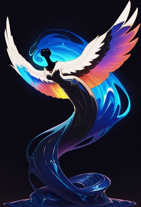 1 girl , solo , whirling , swirling , spiraling , absurdly long hair , multicolor body , levitating , blue highlights , white , dark ,iridescent liquid hair , (contrasting colors , high contrast , contrasting lighting) , spreading wings , 
masterpiece, best quality, very aesthetic, Rapscallionstyle , Styx ,