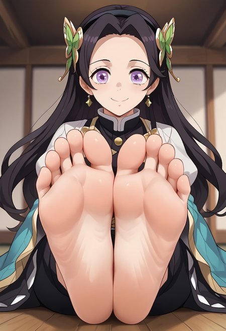 score_9, score_8_up, score_7_up, score_6_up, score_5_up, score_4_up, source_anime, BREAK, (masterpiece:1.4), (best quality:1.2), expressive eyes, perfect face, perfect anatomy, accurate anatomy, perfect feet, perfect soles, 1 girls, feet, soles, toes, foot focus, front view, smile, cute expression, clean feet, sitting, hands on ground, showing feet, barefoot,  PONYXL_WaifuFeetPics_ownwaifu, feet, perfect feet, soles, 4 toes in left foot, 4 toes in right foot, perfect anatomy, accurate anatomy, foot focus, feet, toes, sitting, Kanae Kocho, long dark hair, violet eyes, busty, beautiful, haori, Female_Corrin_(cosplay), black hairband, armored dress, armored pants, blue cape, puffy sleeves, juliet sleeves, vambraces, black gloves, barefoot, feet together, close up, feet close up