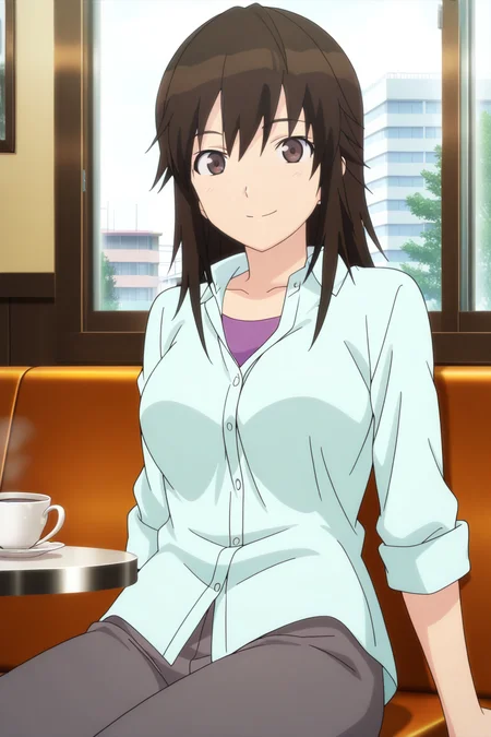 anime screenshot, miyamae tooru, 1girl, solo, black hair, long hair, brown eyes, medium breasts, aqua shirt, dress shirt, collared shirt, purple shirt, t-shirt, layered shirt, grey pants, looking at viewer, smile, sitting, cowboy shot, indoors, cafe, table, coffee,  masterpiece, best quality, high quality, highres, absurdres, <lora:miyamae_tooru_ILXL:0.9>