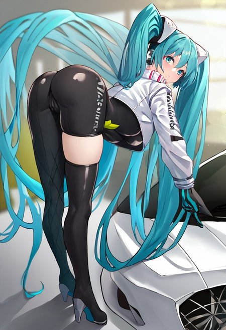score_9, score_8_up, score_7_up, score_6_up, score_5_up, score_4_up, source_anime, 1girl, 
miku22, hatsune miku, aqua eyes, aqua hair, black bodysuit, breasts, covered navel, long hair, race queen, skin tight, solo, thighhighs, twintails, very long hair, zipper, cameltoe, 
1girl, aqua eyes, aqua hair, ass, asymmetrical legwear, bent over, black bodysuit, black legwear, blurry, blurry background, blush, bodysuit, boots, car, cropped jacket, flag, gloves, jacket, latex, latex bodysuit, long hair, looking at viewer, motor vehicle, race vehicle, racecar, single thighhigh, skindentation, solo, spotlight, standing, stretching, thigh boots, thighhighs, tight clothes, twintails, very long hair, white jacket, 
masterpiece, best quality, very aesthetic, absurdres,