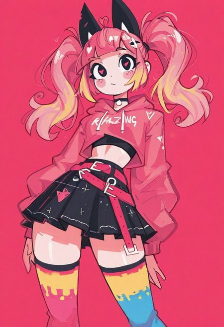 1 girl , solo , twintail , pigtails , midriff , pink hair , colorful highlights , cropped hoodie , midriff , skirts , knee-high socks , colorful socks , belt , choker , 
masterpiece, best quality ,amazing quality , 4ndaerz_illu, Karinami Inkblush mode ,