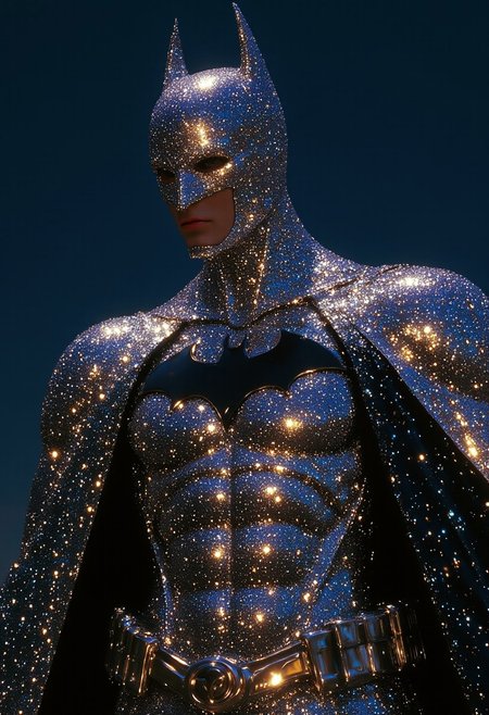 A hyper-realistic, highly stylized photograph of Batman standing against a deep blue, cloudless sky, his entire suit, including the mask, covered in glittering, reflective silver sequins that shimmer with every subtle movement. The iconic bat emblem on his chest is a bold black silhouette against the dazzling surface, emphasizing his legendary presence. A metallic silver utility belt wraps around his waist, adding both contrast and functionality. His cowl, sculpted with precision, features the signature pointed bat ears, its sequin-covered surface catching the light in mesmerizing patterns. His eyes, shadowed beneath the mask, exude an intense, enigmatic gaze. The deep black cape, also embedded with sequins, cascades behind him, reflecting flashes of light that create a surreal, almost ethereal effect. The background’s rich blue hue intensifies the contrast, making the intricate textures of his shimmering suit even more striking. Every fold of fabric, every detail of his armored physique, is enhanced by the dramatic lighting, turning Batman into a fusion of gothic mystery and avant-garde fashion. The composition radiates power, sophistication, and a futuristic reinterpretation of the Dark Knight’s presence, blending iconic heroism with high-fashion brilliance.