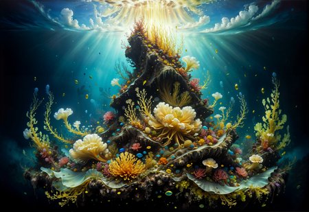 legendary landscape, underwater scene, ocean, (cumulonimbus seaweed:1.3), burried treasure, gold, gems, otherworldly flora, corals, bioluminescent creatures, crystal formations, sea serpent, bright particles, gloom, underwater lilies, explosive bright particles in the form of sparks of light, dark, panoramic  <lora:add-detail-xl:0.7> <lora:xl_more_art-full_v1:0.7>  <lora:sdxl/nicola_samori_dark_art_style:0.7> in the style of Nicola Samori