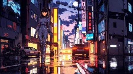 Montserratian graduated bob titian hair (young woman), anime, illustration, cyberpunk, futuristic, (extremely detailed), (portrait), (standing:1.3), (happy smile), (beautiful cyberpunk tokyo buildings landscape), wet floor, windows, motorbike, car, moon in the sky, (bright neon lights), screen holograms, kanjis, raytracing, hdr, high contrast, ethereal cinematic lights, backlight, reflections, (legs), heels, (sharp focus), luminous Silver robot glossy brilliant armor, body lights, body circuits, glossy lipstick, necklace, long earrings, colorful, retrowave, shadows, vibrant colors, pretty, beautiful, feminine, sexy, lovely, in love, adorable, fashion,  <lora:Hand v2:1> <lora:Anti-Blur:1> <lora:RetroAnimeFluxV1:0.4> <lora:CPA:0.8> <lora:Luminous_Shadowscape:0.4>