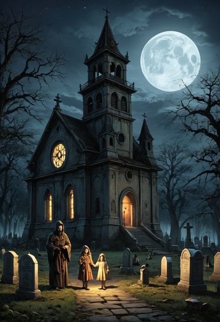 masterpiece, best quality,
digital artwork of creepy old church, 3 kids in Halloween costumes holding flash lights,
japanesehorrorclassics,
full moon, night, cosmic rays, haunted place, abandoned old church, graveyard, giant bell tower, wide shot, old trees, forest background, tombstones, scary, paranoia, feeling like someone is watching you, ruined, dirty, cemetery, fear, dread, 
(low angle:1.3), focus on old tower,
cinematic, horror, creepy atmosphere, intricate, detailed, rays of light,