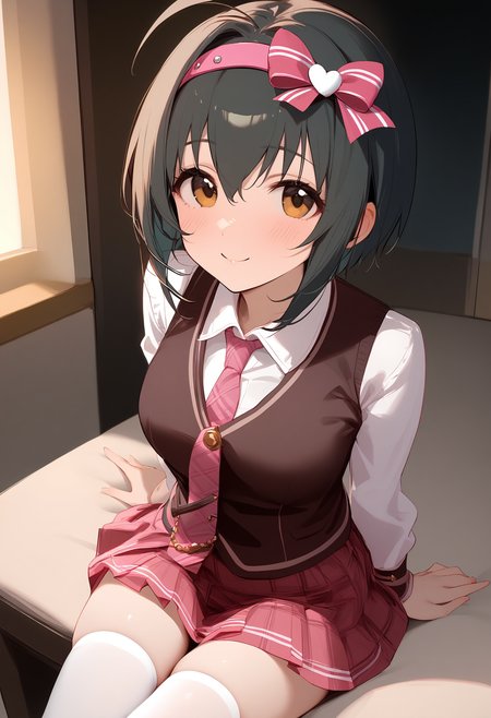 1girl,blush,kohinata miho,necktie,pink hairband,skirt,smile,solo,hair bow,looking at viewer,white thighhighs,heart,zettai ryouiki,<lora:a31_char_new_kohinata_miho-000024:1>masterpiece, best quality, absurdres<lora:a31_style_koni-000010:0.8>