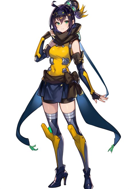 (score_9:0.9),score_8_up,score_7_up,anime style,rating_safe,(zPDXL),<lora:Sp little knight ponyXL v2:0.8>, Sp little knight, yellow clothes, black forehead protector, black fingerless elbow gloves, yellow thigh boots, silver hair ornament, solo, 1girl, white background, simple background, high heels, looking at viewer, full body, standing, sketch