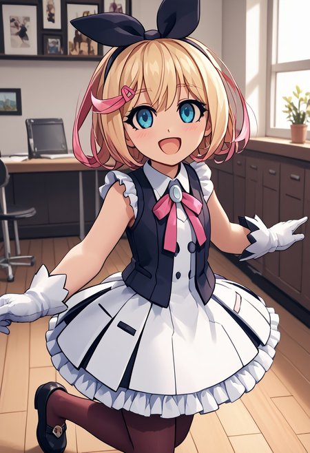 score_4,score_5,score_6,score_7_up,score_8_up,score_9 ((masterpiece,best quality,ultra detailed,highres,HD,4k:1.2)), 
Azure Striker Gunvolt(Main),shining highlights,
1 cute girl,solo,girl focus,solo focus,face focus,
indoors,
KagamineRin,blond hair, short hair, hairclip, white hairband, hair bow,blue eyes,
ribbon on clothes, pink ribbon,pantyhose, white gloves, gloves, sleeveless dress, frilly dress, black footwear, black shoes,
smile,happy,open mouth,blush,