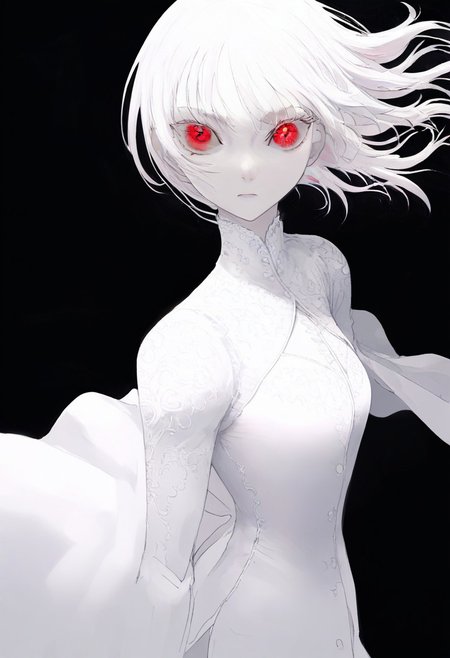 solo, looking at viewer, red eyes, black background, 1woman, long white hair, extremely pale skin, serious, all white blouse (pure white), masterpiece, best quality, very aesthetic, close up, intense look, absurdres
 <lora:monfornoob:0.95>