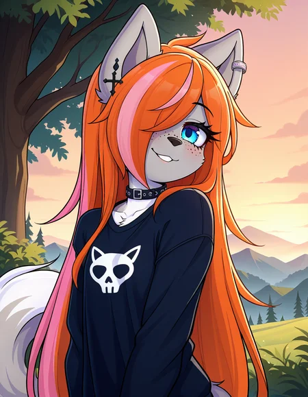 masterpiece, best quality, very aesthetic, absurdres,
outdoors,
upper body,  
goth fashion, 
seductive smile, parted lips, long eyelashes,
<lora:Kayla_Kitsune_v01_NAIXL:1>
K4yl4_K1tsun3,1girl,solo,furry,furry female,very long hair,multicolored hair,orange hair,pink hair,streaked hair,hair over one eye,wolf ears,earrings,blue eyes,freckles,snout,animal nose,body fur,two-tone fur,wolf tail