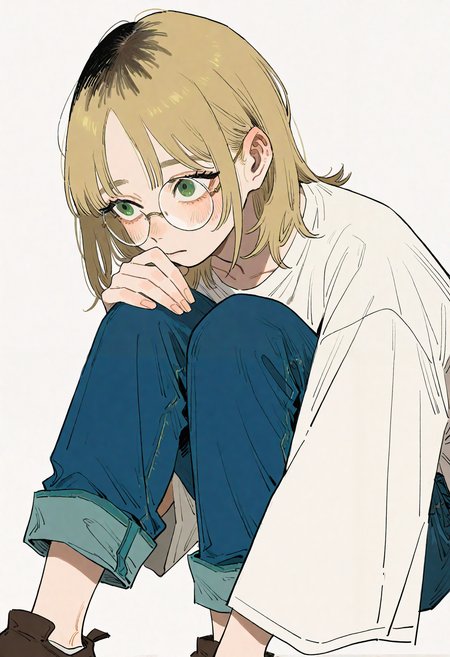 hachinuki tetsuyo, (go e 0000:1.2), (xilmo:1.1), painting \(medium\), brush stroke, grey background,
1boy, solo, androgynous, medium hair, parted bangs, round eyewear, green eyes, long eyelashes, dirty blonde hair, black roots \(hair\), hair down, blush,
oversized clothes, white shirt, jeans, pants rolled up, wide sleeves, 
sitting, knee to chest, leaning forward, close-up, out of frame, looking afar,
masterpiece, high quality, highres, absurdres, very awa, very aesthetic, (perspective:1.1), 
<lora:owk_bsh_yy:0.5>,
 <lora:sample:1>,
 <lora:veluflora-wai:0.4>