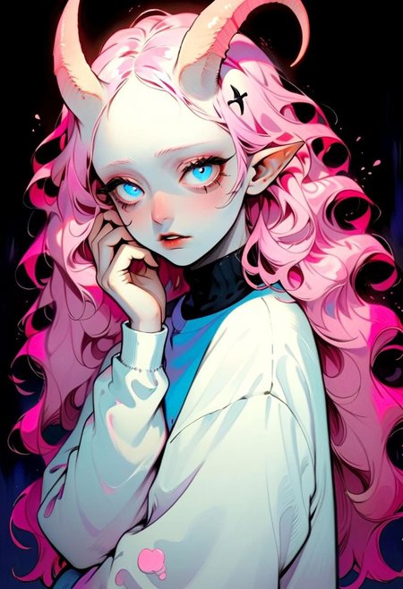 albino demon girl with lethargic sleepy smokey eyes  long wavy pink hair, blue eyes, white oversized sweatshirt, thigh high socks