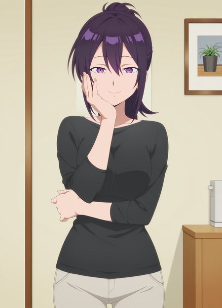 1girl,solo,mm,mature female,purple eyes,purple hair,long hair,ponytail,anime coloring,
shirt,pants,hand on own face,hand on own arm, looking at viewer, indoors,smile
,masterpiece,best quality,amazing quality,<lora:Motoko_Izumi-Kawaii_dake_ja_Nai_Shikimori-san:0.8>
