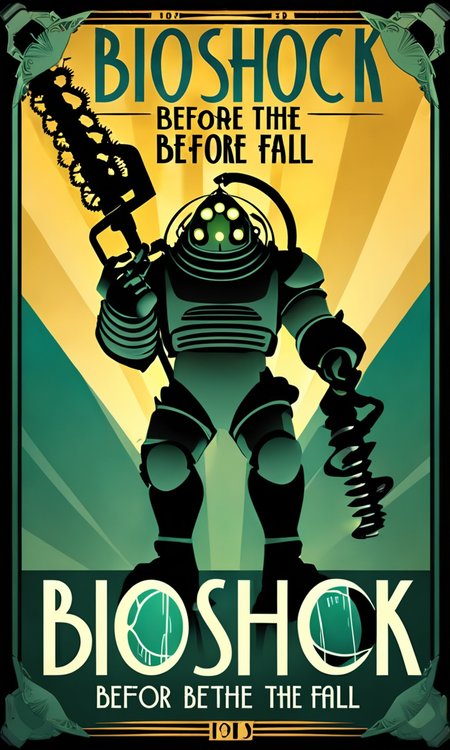 diver with drill arm,big daddy, Text:"Bioshock Before the Fall", <lora:artdecopostsdxl:0.8>, art deco style poster, 1940s, vibrant color,