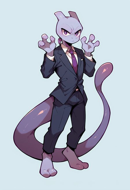 score_9, score_8_up, score_7_up, score_6_up, score_5_up, score_4_up, 1boy, <lora:Mewtwo:0.9> solo, colored skin, purple skin, purple eyes, tail, full body, fewer digits, three fingers, hands up, business suit,
light blue background, simple background,