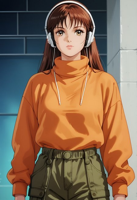 score_9, score_8_up, score_7_up, realistic, fine anime screencap_xl, anime screencap, miakoji, ronin warriors, solo, 1girl, retro, brown hair, 1980s (style), bangs, long hair, hazel eyes, portrait, makeup, dark_techwear urban techwear, street fashion, baggy jncos, cargo pant, hoodie, mock turtleneck, headphones,