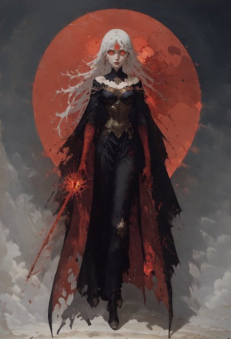 (score_9, score_8_up:1.1), score_7_up,  Elegant, etheral presence, white hair, long hair, infected hair, woman, solo, glowing eyes, an enigmatic aura, shadows, fiery light, dark and red ambiance, depth blur, enigmatique, mysterious, armored dress, beutifuly, curvy, dark dress, infected face, (full body:1.8), black dress  <lora:Expressive_H-000001> expressiveh <lora:vixon gothic oil style:0.7> d4rk01l <lora:Gothic Art 2 Style SDXL_LoRA_Pony Diffusion V6 XL:0.5> <lora:Mon_XL:0.9>