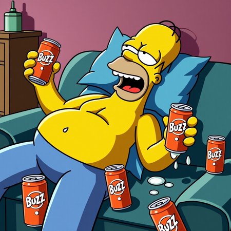 A cartoon image of Homer Simpson, the iconic yellow-skinned character, lying on a couch asleep. His mouth is open with drool coming out, clearly drunk, surrounded by multiple beer cans. The cans have the iconic beer logo, but instead, it says "Buzz". Homer is holding a beer can loosely in his hand, and his belly is slightly exposed. The scene is humorous, with a messy living room and beer cans scattered around. The expression on Homer's face is one of contentment, despite the drool. The overall mood is light-hearted and comical.