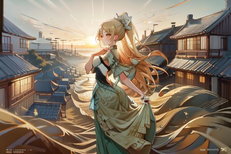 highly insanely detailed, masterpiece, top quality, best quality, highres, 4k, 8k, RAW photo, (very aesthetic, beautiful and aesthetic),  
(code_style,codestyle),traditional chinese text, 
<lora:CodeStyle (half generic class)_564920:1>, 
(1girl:1.3), 1other, 
(elegant modernist house) with stone white exterior, flat roof, bay windows, rustic wooden doors, cascading vines,wrap-around porch,ivy-covered walls, located in Sand Dunes, Rolling waves of golden sand stretching to the horizon, undulating patterns carved by the wind, the soft glow of sunset painting the landscape in warm hues, during sunset,âââ