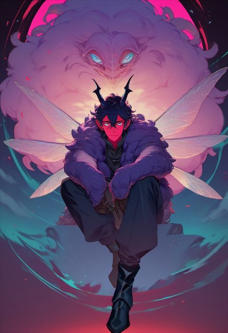 score_9, score_8_up, score_7_up, score_6_up,  faerie rogue, dagger strike, beautiful, dark bold line work, occult singles and runes, heavy black boots, highly detailed face, insect wings, fluffy fur, monster, perfect eyes looking at viewer, colored skin, cyan and purple