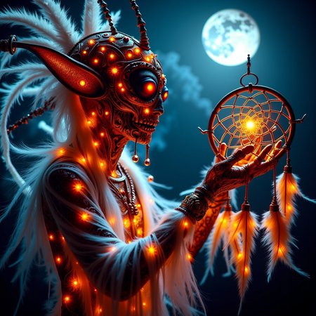 <lora:HalloweenGlowStyleFlux:1>HalloweenGlowStyle orange themed Futuristic alien entity, mysterious being, ancient astronaut, floating, holding, Dreamcatcher, glowing, intricate, feathers, beads, glistening, night scene, moonlit sky, blue hues, silver accents, mystical, surreal, detailed, vibrant, otherworldly, dreamlike, dark background, contrast, sharp focus, captivating, visually stunning