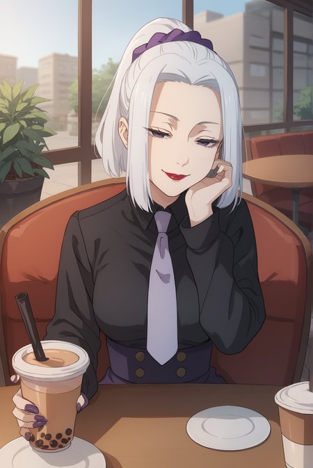 score_9, score_8_up, score_7_up, score_6_up, score_5_up, score_4_up, BREAK source_anime, 1girl, solo,
<lora:MeimeiXL-v1-06:0.8>, ChopioMeiMei, white hair, looking at viewer,
medium breasts, purple nails,
medium hair, high ponytail, sidelocks, hair scrunchie, parted bangs, purple eyes, half-closed eyes, red lipstick,
outfit_2, black shirt, shirt tucked in, necktie, purple skirt, high-waist skirt,
cafe, window, potted plant, table, bubble tea, head rest,
sitting, smile,