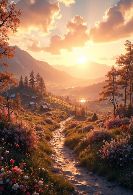 A peaceful nordic winter countryside scene bathed in the warm glow of golden hour, where soft light transforms the landscape into a tranquil haven. Gentle palette captures the serenity of the moment, infusing the fields and sky with harmonious hues. Dreamlike quality adds an ethereal touch, blurring the lines between reality and imagination as clouds drift lazily overhead. Meanwhile, Boris Vallejo’s fantastical elements introduce a sense of wonder, perhaps featuring whimsical creatures or enchanting flora that invite the viewer to explore this idyllic setting. Together, these artistic styles create a serene composition that celebrates the beauty and magic of rural life, evoking a feeling of peace and contentment.
 (8k uhd:1,4), max details