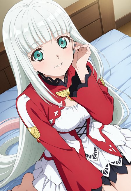indoor, god days, bed room, sitting on bed,
BREAK,
sitting, light smile, parted lips, touching own hair, absurd  long hair, (seiza),
cowboy shot, dynamic angle,
BREAK,
<lora:lailahI_illustriousXL_v04:1>
lailahdef, silver hair, very long hair, multicolored hair, blunt bangs, pink hair, aqua eyes, straight hair,
laced collar, breast cutout, jewelry, sidelocks, white dress, red dress, multi-colored dress, long sleeves, red sleeves, wide sleeves, white overskirt,
bare feet,, source_anime, very aesthetic, anime coloring, masterpiece, 
best quality, amazing quality, ultra detailed, very aesthetic, 
detailed background, 
BREAK,