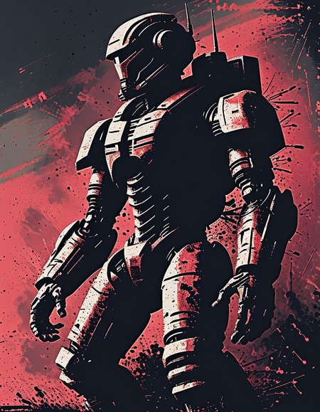 impactful paint of a giant humanoid robot, highly detailed, professional painterly, high contrast, oversaturated, deep blacks, painterly, color splashing, 4k, uhd, masterpiece