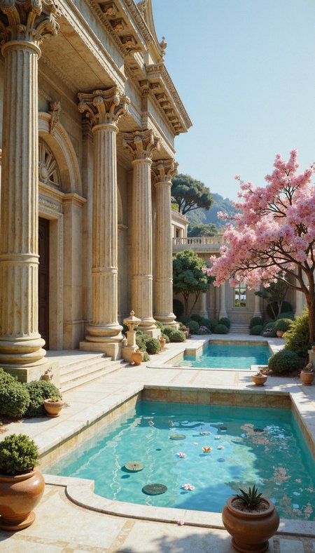 detailed city, An hyperrealistic wide shot of a opulent Roman bathhouse, aglow in the lambent morning light. Emphasize the grandeur of the architecture, with its towering Corinthian columns and intricate friezes, juxtaposed against the delicate beauty of cherry blossoms in full efflorescence. The turquoise pool reflects the cerulean sky, creating an ambiance of pellucid tranquility. Include meticulously rendered details: the terra-cotta pots brimming with verdant flora, the shimmering ripples in the water, the play of light and shadow across the marble. In the background, a palatial villa peeks through the blossoms, hinting at the opulence beyond.