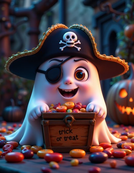 A tiny ghost wearing a pirate hat and an eyepatch, holding a little treasure chest filled with candy with the text "trick or treat". The ghost has a friendly grin but looks mysterious in the dark. Playful and eerie Halloween style, 4K.
 <lora:Cute_3d_Cartoon_Flux:0.6>