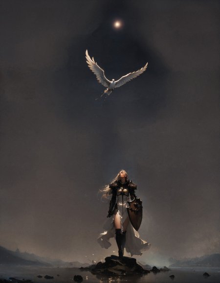 score_9, score_8_up, score_7_up, score_6_up, score_5_up, score_4_up,  masterpiece, high quality, full body, angel wings, large feather wings, solo, crsadr, knight, pauldrons, full armor, long hair, gauntlets, holding shield, shield on the ground, pelvic curtain, braid, side cut, panoramic, white fabric, (simple background, black background:1.2)