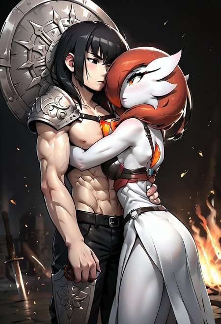 score_9, score_8_up, score_7_up, source_anime, embedding:zPDXL, 1girl, (((gardevoir))), female, anthro, pale white skin, 1boy, male , wearing heavy armor, stoic, muscular, slender, long bangs, black hair, black eyes, standing firm, guarding a gate, shield strapped to forearm, gripping a sword by the grip, fire behind,1boy 1female, hug, lovely kiss, hetero, light brown guy, red hair girl, big boobs