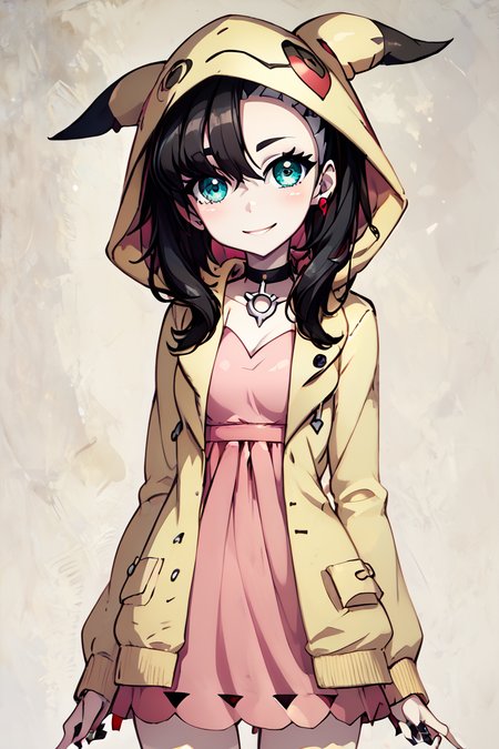 score_9, score_8_up, score_8, medium breasts, (curvy), cute, eyelashes,       BREAK, , BREAK, zzMarnie, aqua eyes, black choker, black hair, red ribbon, pink dress, jewelry, black jacket, open clothes, long sleeves, <lora:MarnieP3:0.8>,, (zzMimikyuHoodie, hood, hood up, cosplay, mimikyu, hoodie),  <lora:MimikyuHoodie_PDXL:0.8>,  <lora:PrismaIllya_PDXL_v3:0.7>, , BREAK,  smile, looking at viewer, cowboy shot,  embedding:zPDXL, Expressiveh, <lora:SDXLFaeTastic2400:0.5>,  <lora:Expressive_H-000001:0.4>,