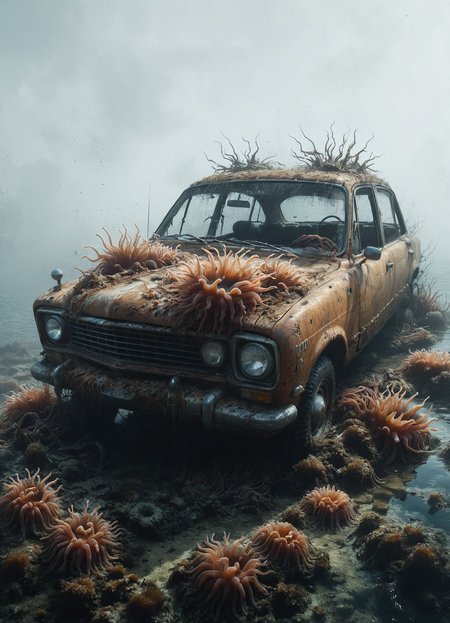 rusty sunken car like a sea anemone, destroyed, parts, dregs, 8k, F2.8, RAW Photo, ultra detailed  <lora:SeaAnemone:0.9>   <lora:Desolation:0.7>