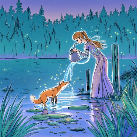 You are an assistant designed to generate quality images with the superior degree of image-text alignment based on textual prompts or user prompts. A girl with long flowing hair in a glittering dress on the shore by a dock bending over a lake, scooping up water in a jug. The lake is in a forested area, with a fox on the shore near the bottom of the picture. The picture is in blue-green tones with purple gradients and the fox is orange. Fireflies illuminate the area.
Hitoshi Ashinano style