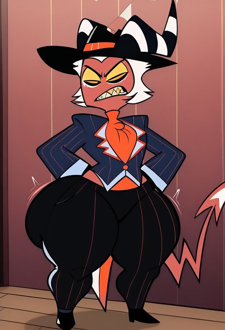 score_9, score_8_up, yamathegod style,1boy, CrimsonSDXLshort hair,long sleeves,hat,jacket,tail,yellow eyes,white hair,horns,teeth,striped,pants,black headwear,colored skin,black pants,formal,suit,sharp teeth,demon tail,vertical stripes,colored sclera,red skin,yellow sclera,pinstripe pattern,striped pants, ass focus, sweaty, bedroom, male, solo, huge thighs, hyper, hyper ass, hyper hips, "jiggle", massive ass, round ass, slapping breasts, thick ass, thick thighs, tight clothing, tight pants, wide hips, full body,angry expression, bottom heavy